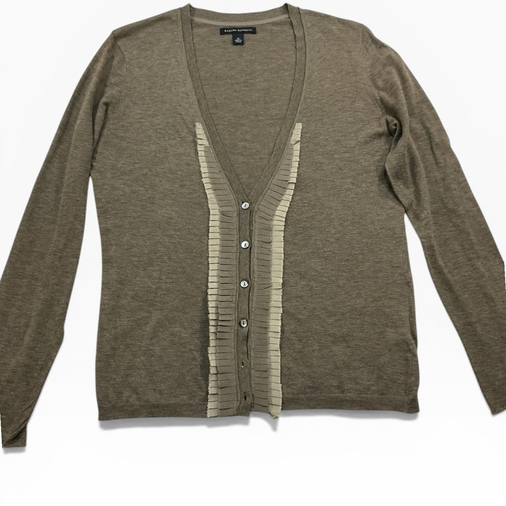 Banana Republic Khaki-Brown V-Neck Button Front Pleated Ribbon Trim Cardigan SzM